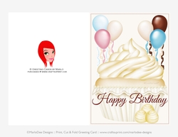 Pretty Vanilla Cupcake with Balloons 5x7 Print Cut and Fold Birthday Card