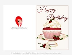 Red Velvet Cupcake 5x7 Print Cut and Fold Pretty Birthday Card
