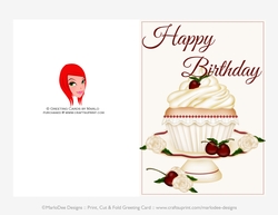 Vanilla Cupcake with Cherries Birthday Print, Cut and Fold 5x7 Greeting Card