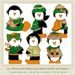 Six Lil Penguins Clip Art Graphics - Irish Colors