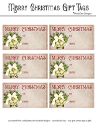 Merry Christmas Gift Tags - Golden Holiday Bells Design 1