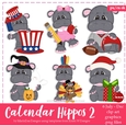 Calendar Hippos July - December Holiday Clip Art