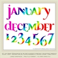 Calendar Months & Date Graphics - Mix Colors set 10
