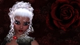 White Hair Darker Skin Woman on Dark Grunge Style Dark Red Rose Digital Paper Background