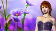 Auburn Hair Elf Woman on Purple Daisy Themed Fantasy Digital Paper Background