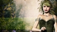 Green Hair Elf Woman on Muted Outdoor Themed Fantasy Digital Paper Background
