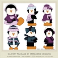 Six Lil Penguins Clip Art Graphics - Purple & Blue Colors