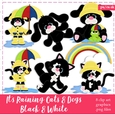 Its Raining Black & White Dogs & Cats Clipart