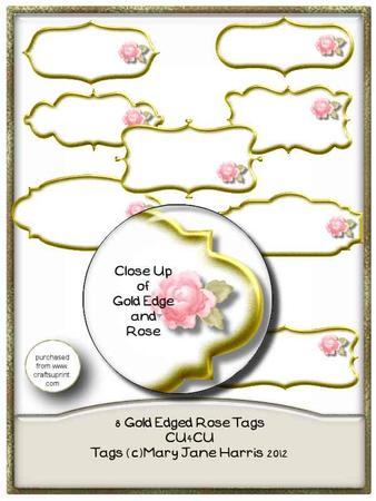 8 Gold Edged Rose Sentiment Tags -cu4cu