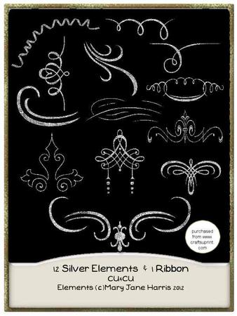 12 Silver Glitter Elements & 1 Ribbon - Cu4cu