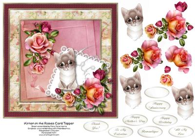 Kitten in the Roses Card Topper