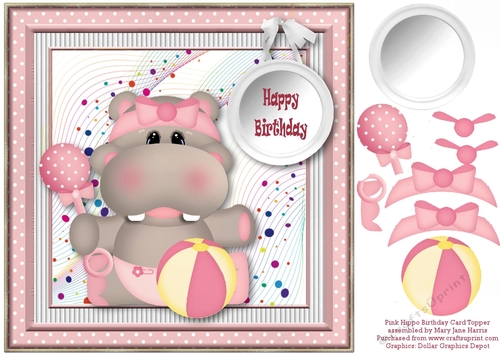 Pink Hippo Birthday Card Topper 