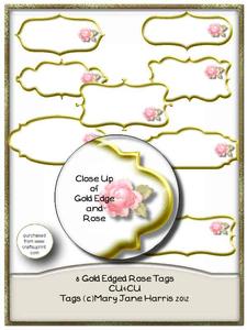 8 Gold Edged Rose Sentiment Tags -cu4cu