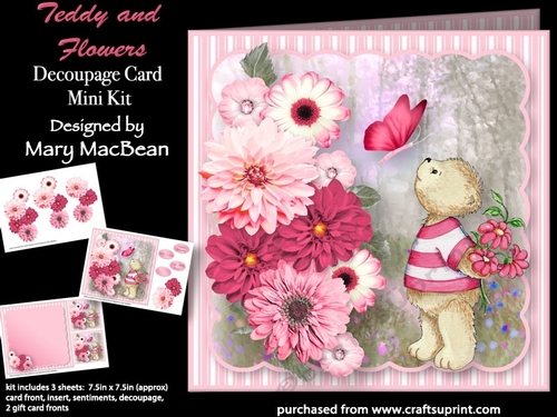 Teddy and Flowers - Decoupage Card Mini Kit