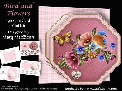 Bird and Flowers - 5 in x 5 in  Shaped Card & Envelope Mini Kit