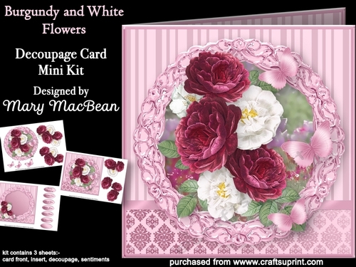 Burgundy and White Flowers - Decoupage Card Mini Kit