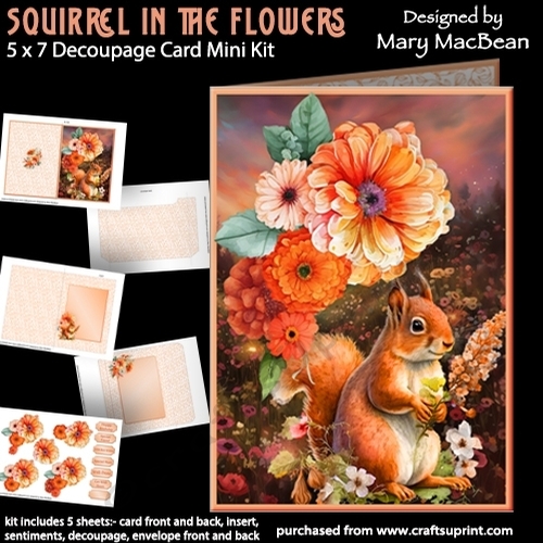 Squirrel in the Flowers - 5 x 7 Decoupage Card Mini Kit