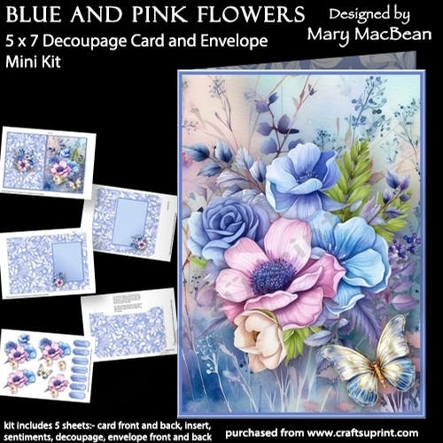 Blue and Pink Flowers - 5 x 7 Card and Envelope Mini Kit