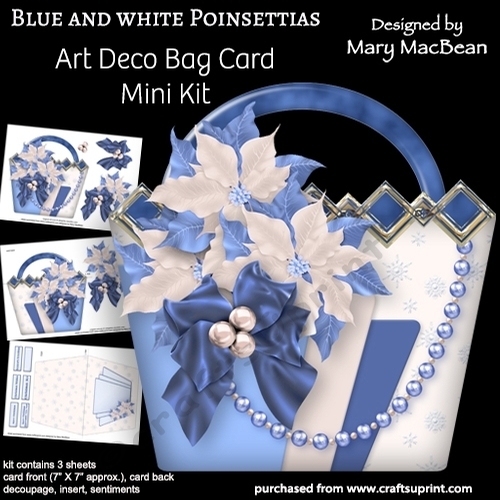 Blue and White Poinsettias - Art Deco Bag Card Mini Kit