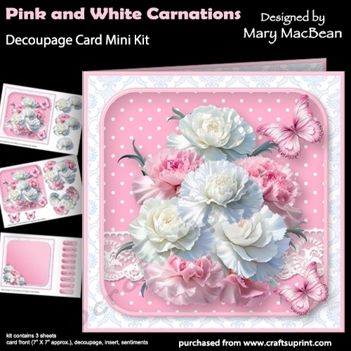 Pink and White Carnations - Decoupage Card Mini Kit