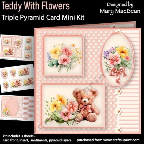 cup1381796_1648 - Teddy with Flowers - Triple Pyramid Card Mini Kit