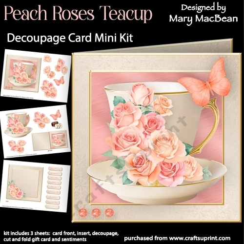 Peach Roses Teacup - Decoupage Card Mini Kit