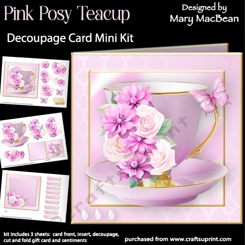 Pink Posy Teacup - Decoupage Card Mini Kit