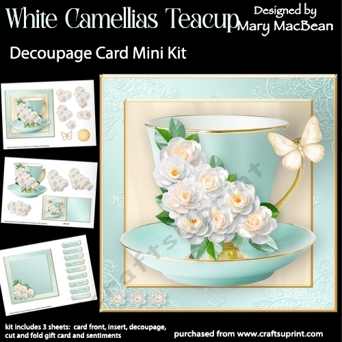 White Camellias Teacup - Decoupage Card Mini Kit