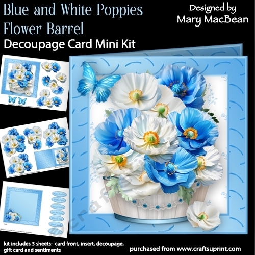 Blue and White Poppies Flower Barrel - Decoupage Card Mini Kit