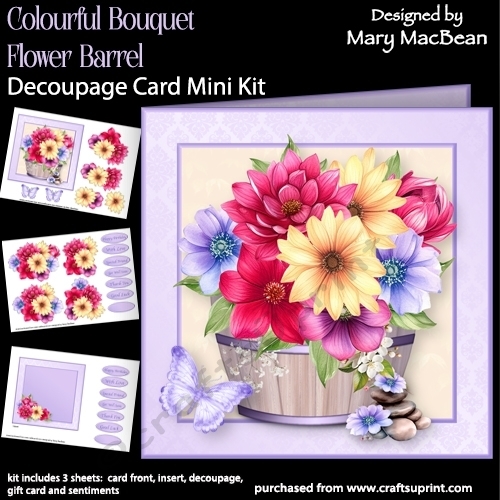 Colourful Bouquet Flower Barrel - Decoupage Card Mini Kit 