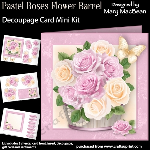 Pastel Roses Flower Barrel - Decoupage Card Mini Kit