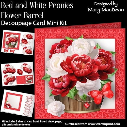 Red and White Peonies Flower Barrel - Decoupage Card Mini Kit