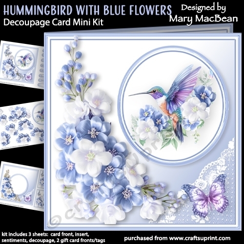 cup1447795_1648 - Hummingbird with Blue Flowers - Decoupage Card Mini Kit
