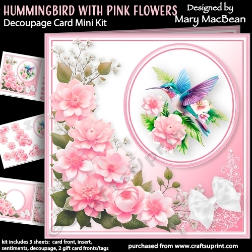 Hummingbird with Pink Flowers - Decoupage Card Mini Kit