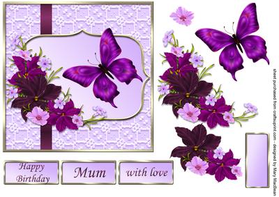 Burgundy and Lilac Flowers Decoupage Card