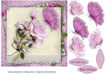 Pink Flowers and Butterfly Shabby Chic Get Well Card