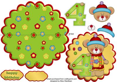Birthday Bear Age 4 Wobble Card