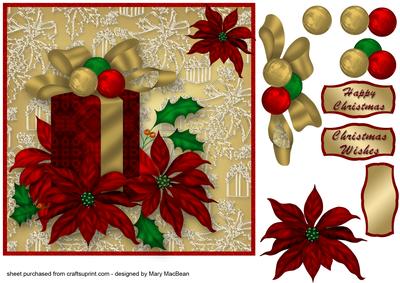 Gift and Poinsettias Christmas Card Front