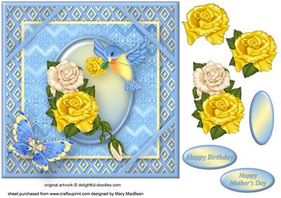 Bluebird and Roses Corner Frame Card