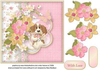 Doggie and Flowers with Lace Decoupage Card Front
