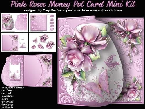 Pink Roses - Money Pot Card With Gift Pocket Mini Kit
