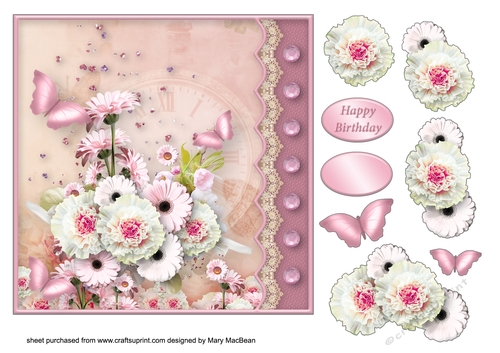 Flowers, Lace and Butterflies - Decoupage Card Front