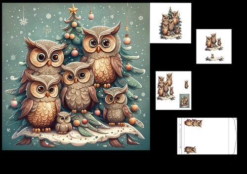 The owl Family 7 x 7 inch card making kit with envelope. 