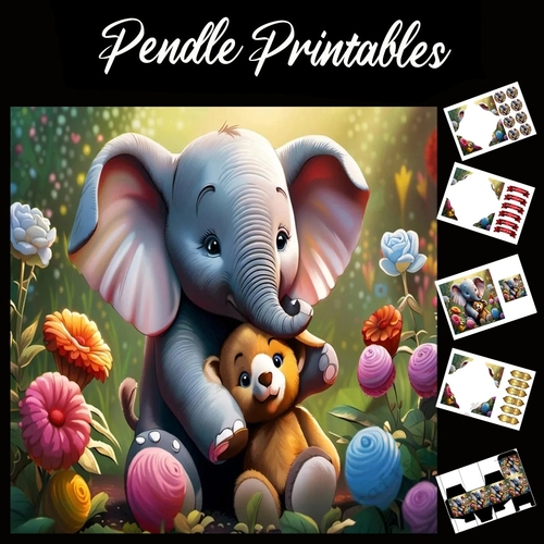 Cute Elephant With Teddy Bear 7x7 Card Kit. Matching Box, Gift Bauble,Tag