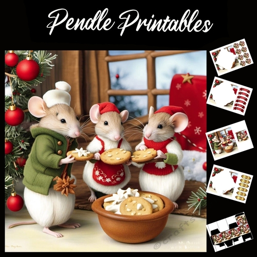 Christmas Mice And Cookies 7x7 Card Kit. Matching Box, Gift Bauble, Tag.