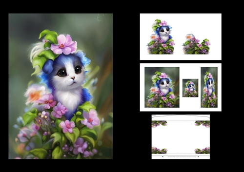Beautiful  Blue Kitten With Flowers 7 x 5 inch card making kit with envelope