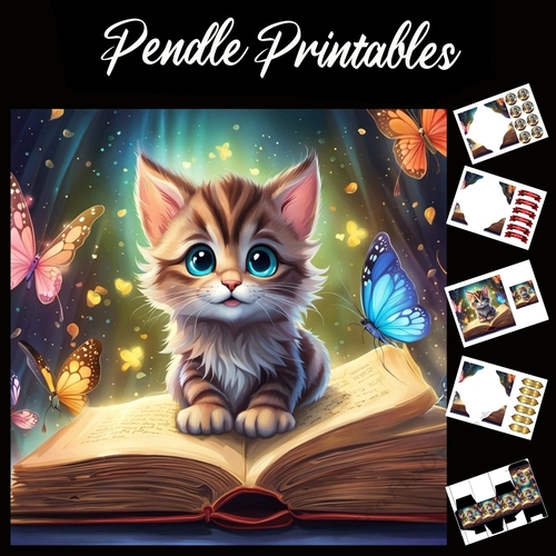 Cute Kitten Sat On A Book 7x7 Card Kit. Matching Box, Gift Bauble,Tag