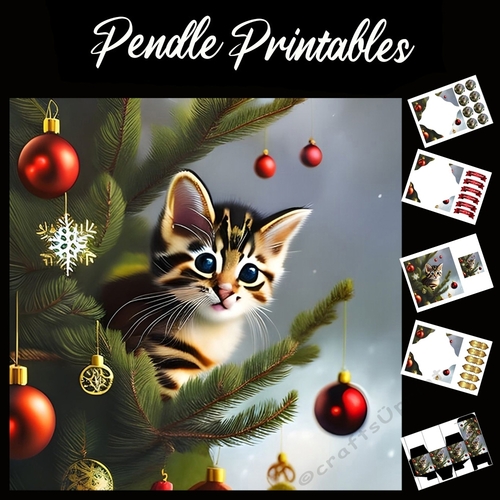 Cute Tabby Kitten In A Christmas Tree 7x7 Card Kit. Matching Box, Gift Bauble, Tag.