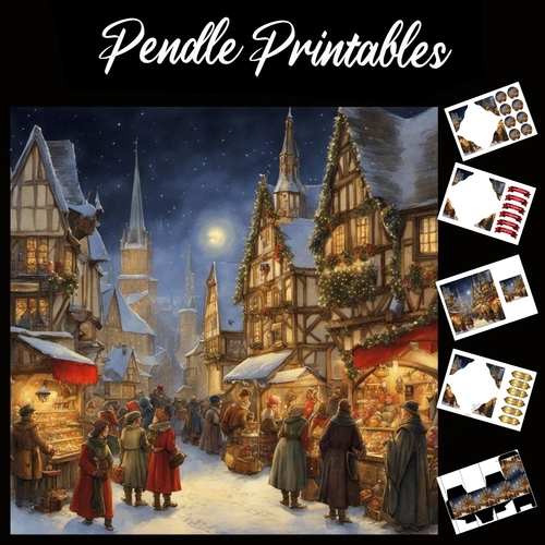  A Medieval Christmas Market Scene 7x7 Card Kit. Matching Box, Gift Bauble,Tag