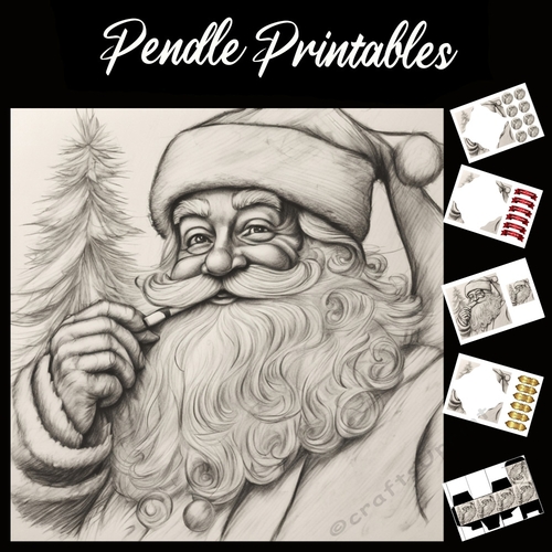 Beautiful Pencil Drawing Portrait Of Santa 7x7 Card kit. Matching Box, Gift Bauble, Tag.